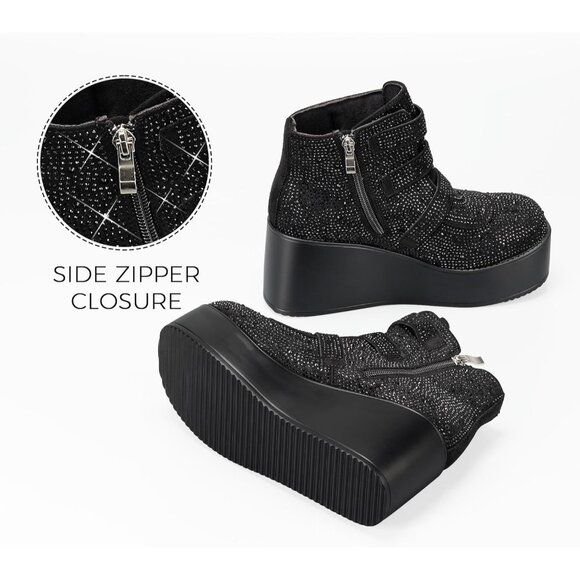 Lucky Step Women Black Round Toe Zipper Wedges High Heel Rave Buckle Booties - Picture 3 of 9
